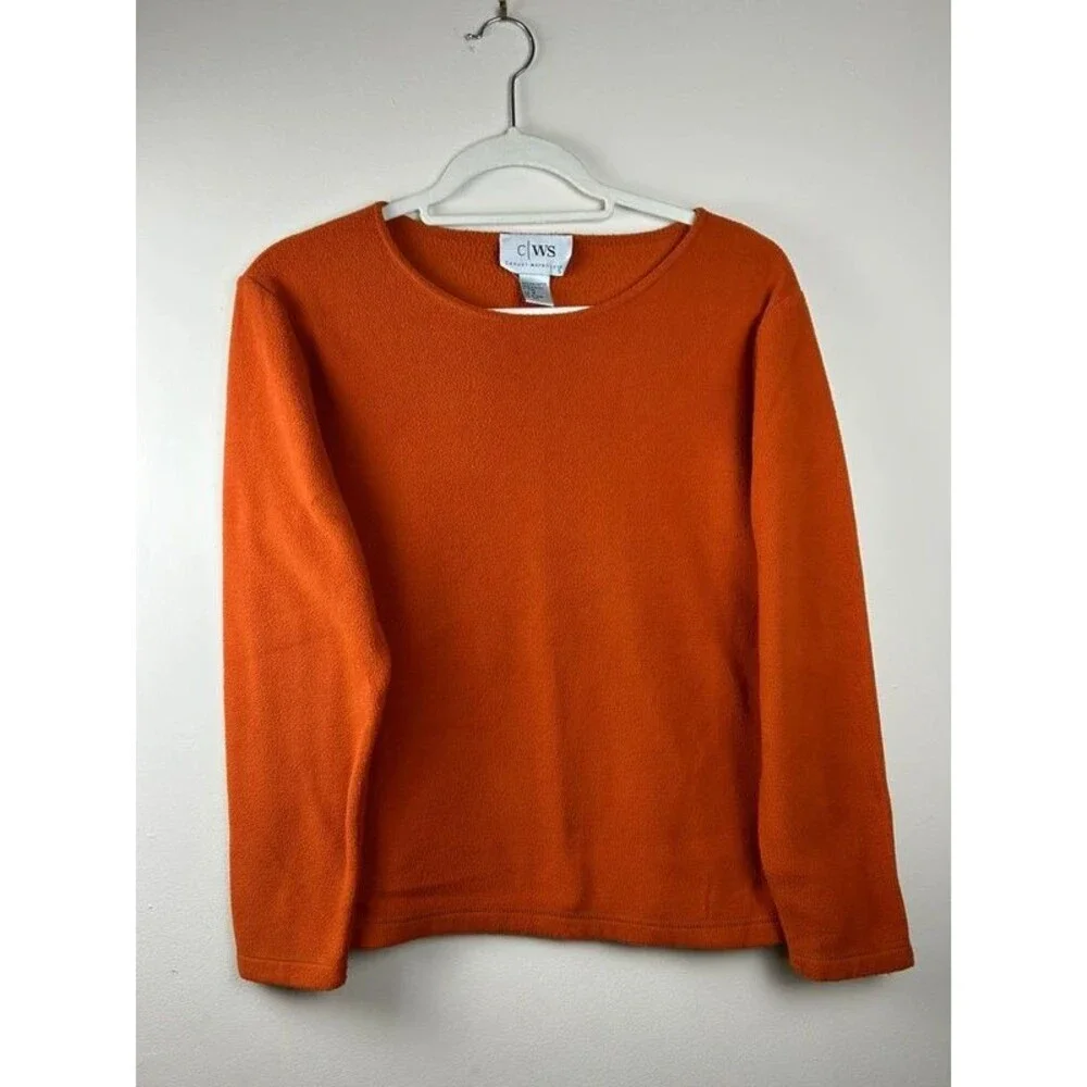 Vintage CWS Casual WorkStyle Women's M Orange Fleece Pullover Crew Neck Sweater